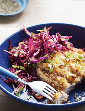 Delicious Macadamia crumbed pork schnitzel with 'Aussiekraut'