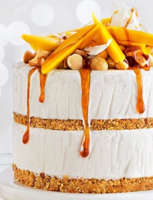 MANGO, COCONUT AND MACADAMIA ICE CREAM LAYER CAKE WITH CHILLED LIME CARAMEL
